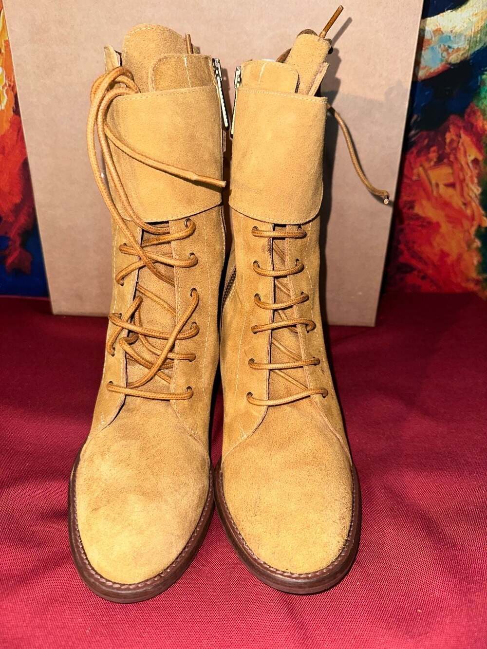 No.70 Veracruz Suede Floral Embroidered Lace Up Boots Tan